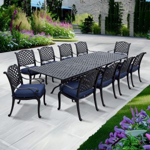 Nassau 11 Pc Cast Aluminum Dining Set w/ 92 X 42 Inch Series 30 Extension Table in Antique Bronze/Navy by Darlee