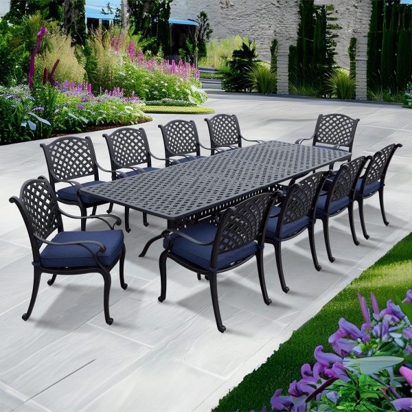 Nassau 11 Pc Cast Aluminum Dining Set w/ 92 X 42 Inch Series 30 Extension Table in Antique Bronze/Navy by Darlee