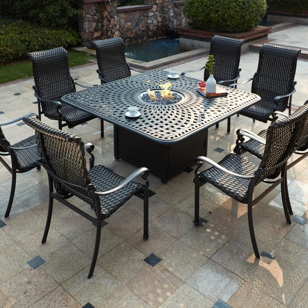 Victoria 9 Pc Resin Wicker Fire Pit Dining Set w/ 64 Inch Square Signature Table in Espresso/ by Darlee