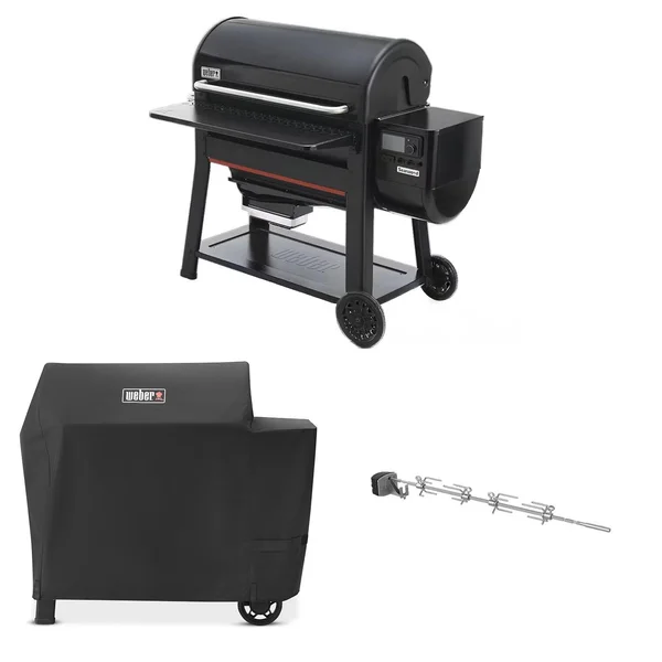 Weber Searwood XL 600 Pellet Grill w/ Cover, Front Table & Rotisserie