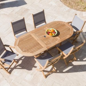 Sailmate 7 Piece Teak Patio Dining Set W/ 60 X 35 Inch Oval Extension Table By Royal Teak Collection - Gray Sling