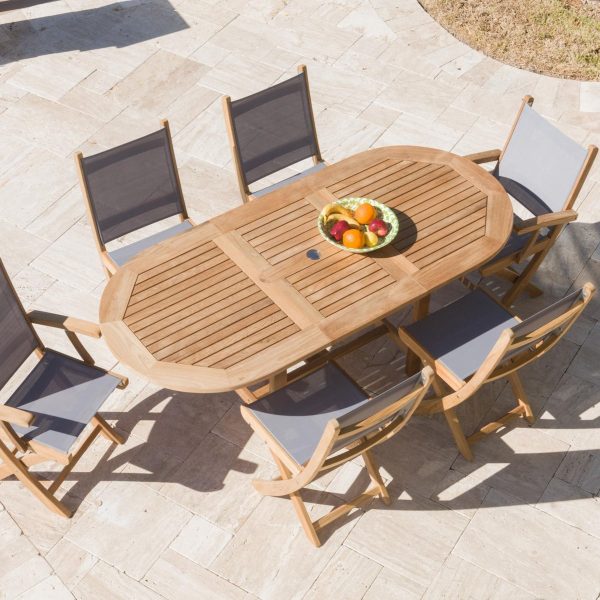 Sailmate 7 Piece Teak Patio Dining Set W/ 60 X 35 Inch Oval Extension Table By Royal Teak Collection - Gray Sling