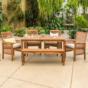 Ultimate Patio Horizon Way 6 Piece Brown Acacia Patio Dining Set W/ 60 X 34 Inch Rectangular Table & Natural Cushions