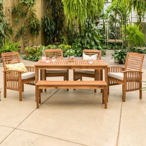 Ultimate Patio Horizon Way 6 Piece Brown Acacia Patio Dining Set W/ 60 X 34 Inch Rectangular Table & Natural Cushions