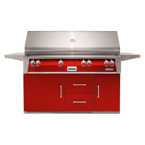 Alfresco ALXE 56-Inch Freestanding Natural Gas All Grill On Refrigerated Cart With Sear Zone And Rotisserie in Carmine Red - ALXE-56BFGR-NG-S3002