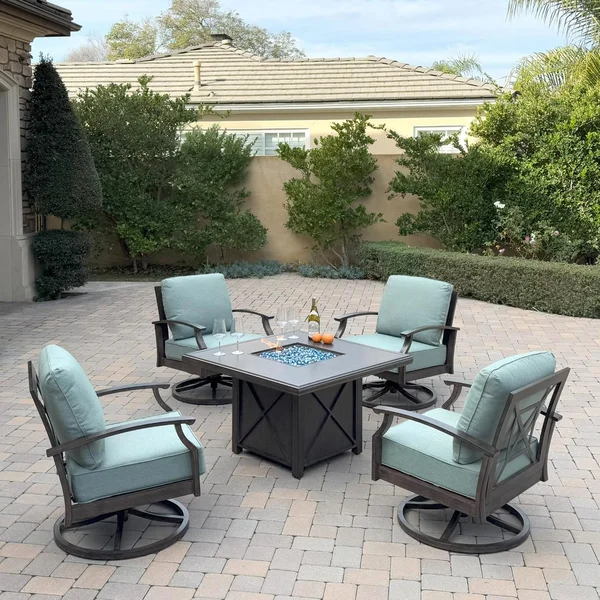 Atlantis 5 Pc Aluminum Fire Pit Seating Set w/ 4 Swivel Rocker Club Chairs in Walnut/Spa by Darlee