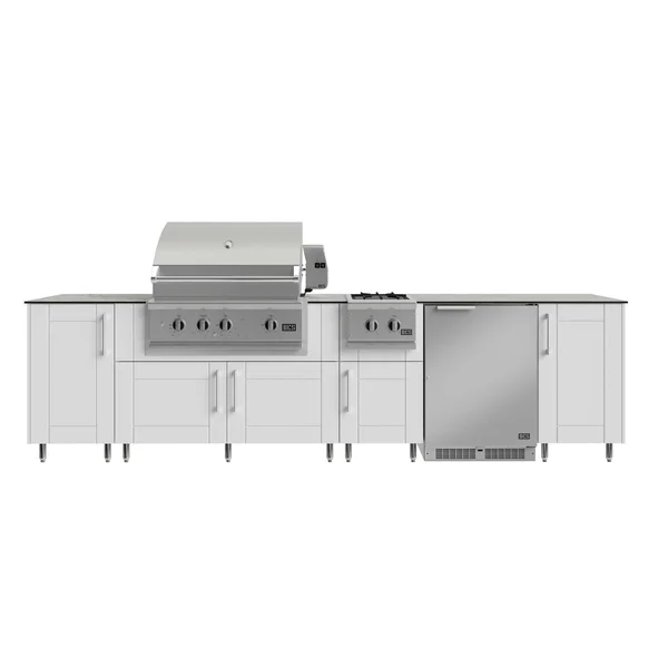 WeatherStrong Nassau 10 1/2 Ft Outdoor Kitchen Island w/ DCS Propane Grill, Side Burner & Refrigerator in Shell White/Glacier Frost