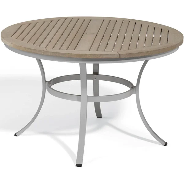 Travira 47 Inch Round Aluminum Dining Table W/ Tekwood Vintage Top By Oxford Garden