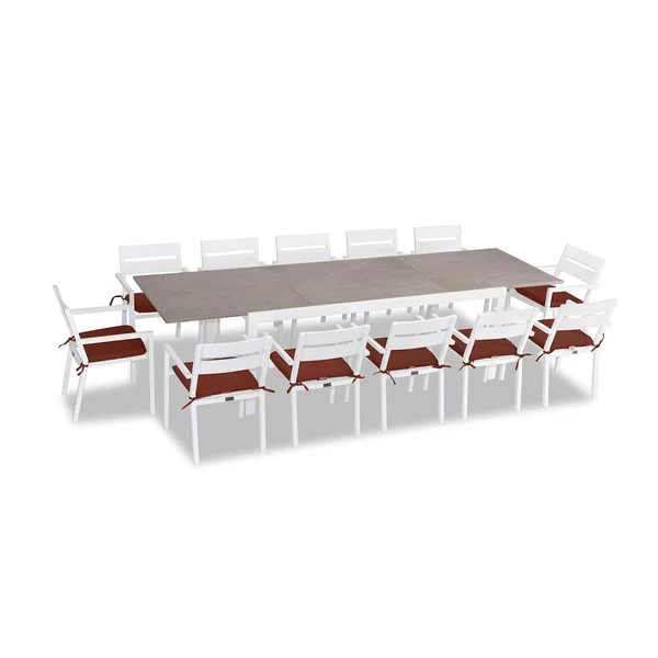 Calm Bay 13 Pc Extendable Aluminum Dining Set in White/Barnwood/Canvas Henna by Lakeview Outdoor Designs