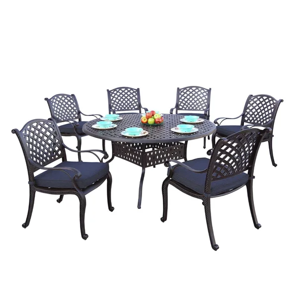 Nassau 7 Pc Cast Aluminum Dining Set w/ 60 Inch Round Series 30 Table in Antique Bronze/Navy by Darlee