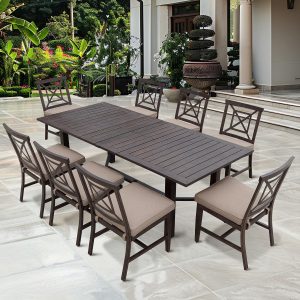 Atlantis 9 Pc Aluminum Dining Set w/ 71 X 40 Inch Extension Table in Walnut/Beige by Darlee