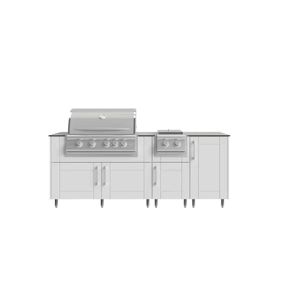 WeatherStrong Abaco 7 Ft Outdoor Kitchen Island w/ Blaze Natural Gas Grill & Side Burner in Shell White/Glacier Frost