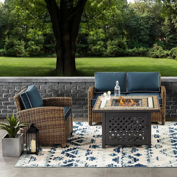 Branchwood 3 Pc Wicker Fire Pit Seating Set in Weathered Brown/Navy by Ultimate Patio