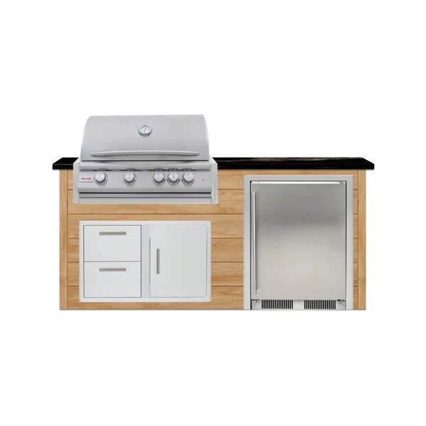 BBQGuys Signature 6 Ft Outdoor Kitchen Island w/ 32 Inch Natural Gas Blaze LTE+ Grill & Refrigerator | Sun Bleached Oak w/ Titanium Granite