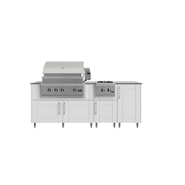 WeatherStrong Abaco 7 Ft Outdoor Kitchen Island w/ DCS Natural Gas Grill & Side Burner in Shell White/Glacier Frost