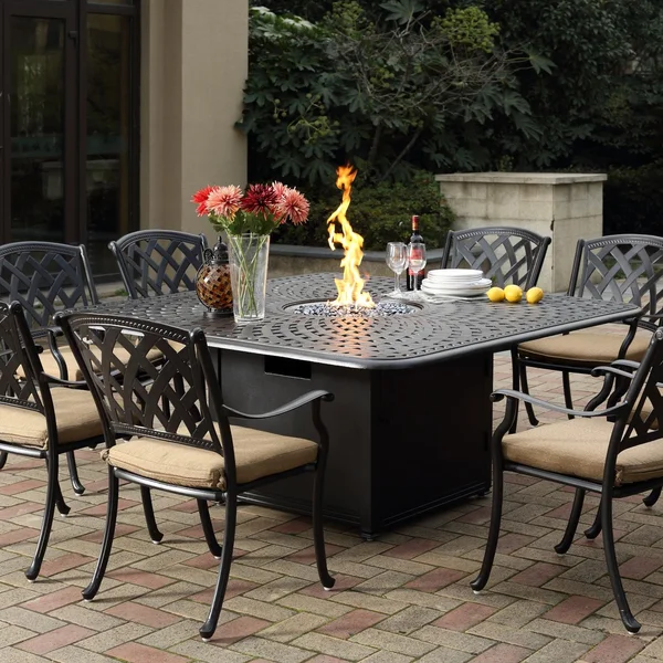 Ocean View 9 Pc Cast Aluminum Fire Pit Dining Set w/ 64 Inch Square Signature Table in Antique Bronze/Sesame by Darlee