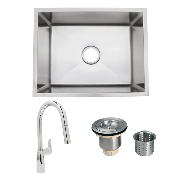 Urban Place Radial 27 X 18 Stainless Steel Outdoor Sink with Huntington Brass Dual Spray 15.75 Inch High Pull Down Faucet Pull Down Faucet and Strainer Basket