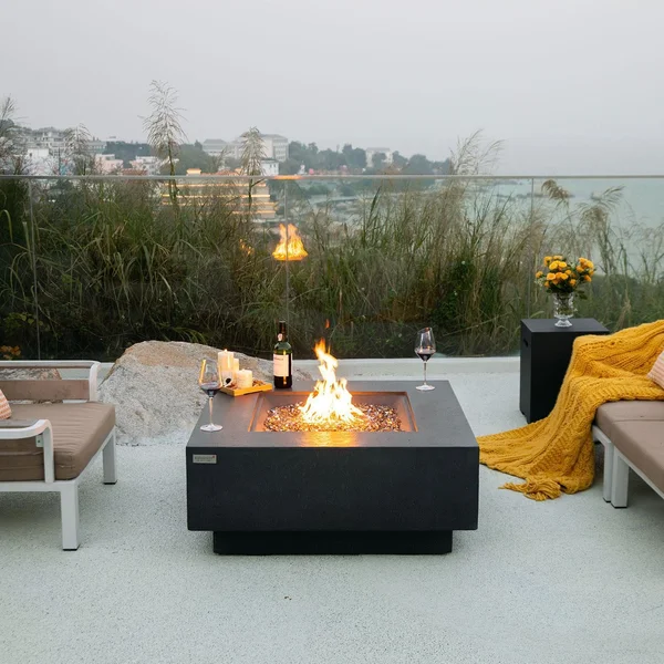 Landing View 40 Inch Square Concrete Propane Fire Pit Table in Gray by Lakeview Outdoor Designs