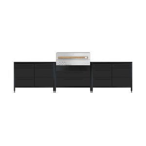 Burnout BBQ Modular Outdoor Kitchen Island w/ Flammkraft Model D Built-In Grill, Triple Drawers, Propane Pullout, and Pullout Waste Bins - Shadow