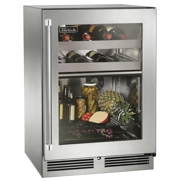 Perlick 24-Inch Signature Series Stainless Steel Glass Door Outdoor Dual Zone Refrigerator/Wine Reserve w/ Door Lock - Right Hinged - HP24CO-4-3RL