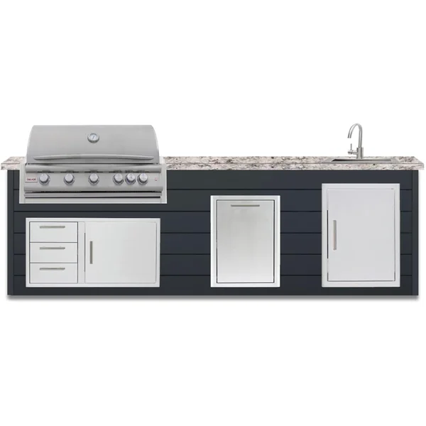 BBQGuys Signature 10 Ft Outdoor Kitchen Island w/ 40 Inch Propane Blaze LTE+ Grill & Double Trash Bin | Asphalt Gray w/ White Granite