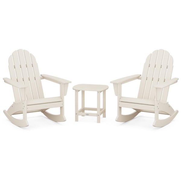 Vineyard 3 Pc Recycled Plastic Adirondack Rocking Chair Set w/ South Beach End Table in Sand by POLYWOOD