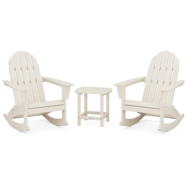 Vineyard 3 Pc Recycled Plastic Adirondack Rocking Chair Set w/ South Beach End Table in Sand by POLYWOOD