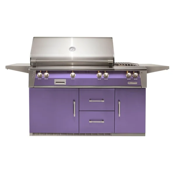 Alfresco ALXE 56-Inch Freestanding Natural Gas Deluxe Grill On Refrigerated Cart With Rotisserie And Side Burner in Blue Lilac - ALXE-56R-NG-S4005