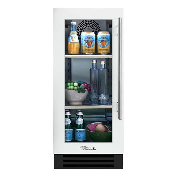 True 15 Inch 3.14 Cu. Ft. Left Hinge Glass Door Outdoor Refigerator - Matte White w/ Stainless Steel Handles - TUR-15-L-OG-C~DSK-030-H04