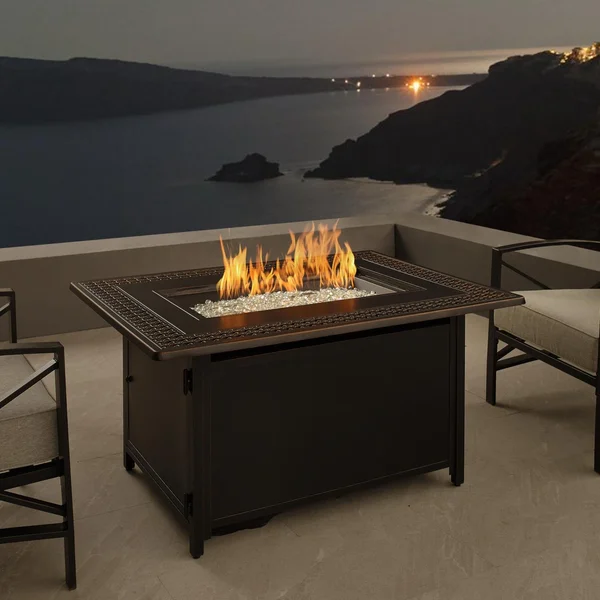 Lion Sands 48 Inch Rectangular Aluminum Natural Gas Fire Pit Table in Antique Bronze by Ultimate Patio (Ships As Propane w/ Natural Gas Conversion Kit)