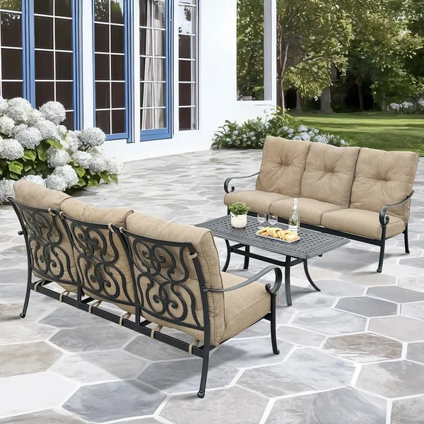 Santa Anita 3 Pc Cast Aluminum Seating Set w/ 48 X 26 Inch Series 88 Table in Antique Bronze/Linen Sesame by Darlee