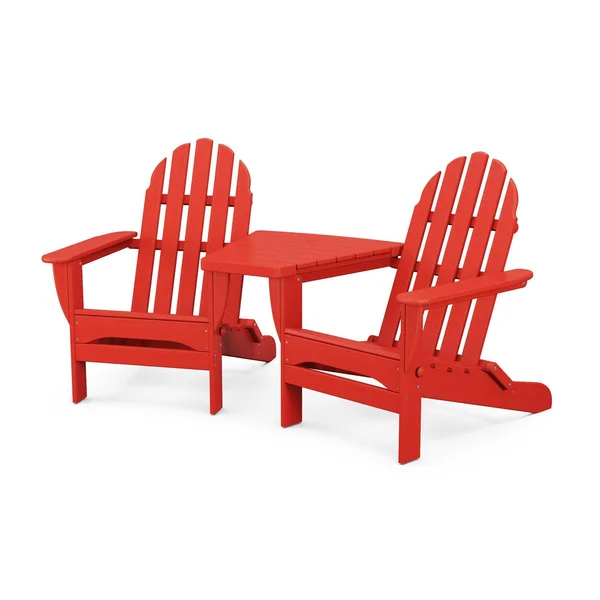 Classic Adirondack 3 Pc Recycled Plastic Folding Seating Set w/ Connecting Table in Sunset Red by POLYWOOD