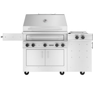 Kalamazoo K750HS Hybrid Fire Three Burner Freestanding Propane Grill W/ Side Burner, 30 Lb Propane Cylinder, Two Meat & One Plancha Grill Surface Grates