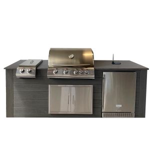 Pro-Fit 8-Foot Outdoor Kitchen Island W/ Blaze LTE 32-Inch Propane Gas Grill, Double Side Burner, Refrigerator & Beverage Dispenser - Onyx / Grigio Piombo Satin