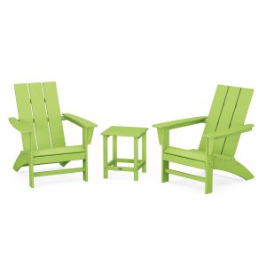 Modern Adirondack 3 Pc Recycled Plastic Seating Set w/ Long Island End Table in Lime by POLYWOOD