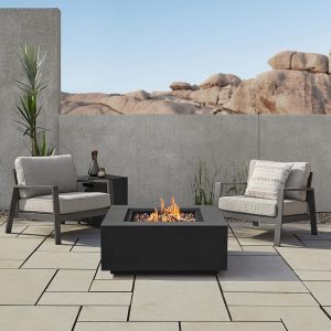 Elysian 4 Pc Powder Coated Steel Seating Set w/ 36 Inch Square Fire Pit in Black by Lakeview Outdoor Designs