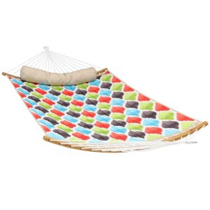 Ultimate Patio Quilted Double Hammock w/ Curved Spreader Bars & Pillow - Vivid Multi-Color Quatrefoil