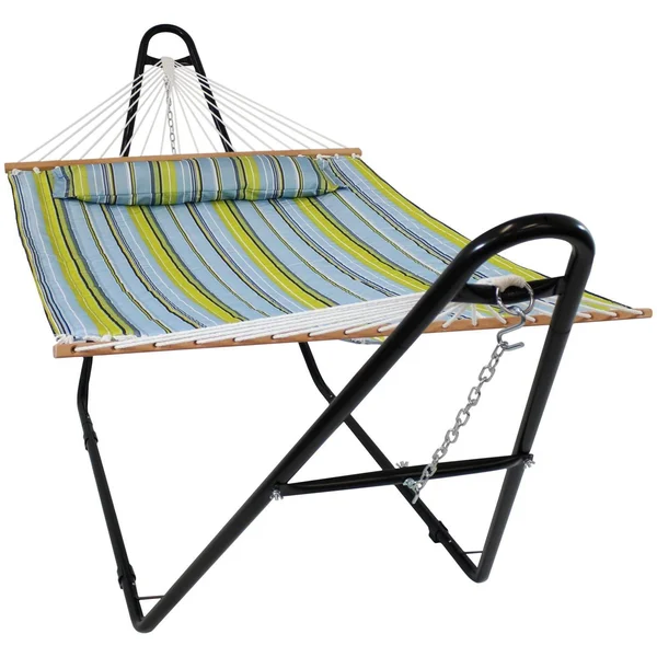 Ultimate Patio Quilted Double Hammock w/ Universal Multi-Use Stand & Pillow - Blue & Green