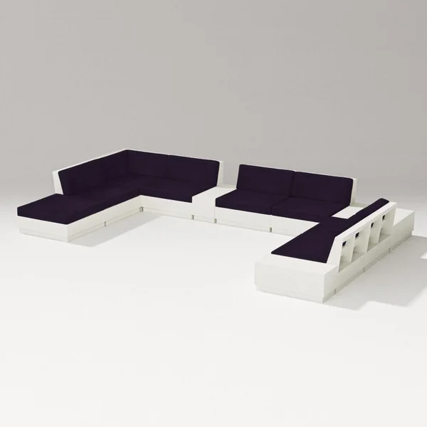 Elevate 11 Pc Recycled Plastic Sectional Seating Set in Vintage White/Navy Linen By PW Designer Series