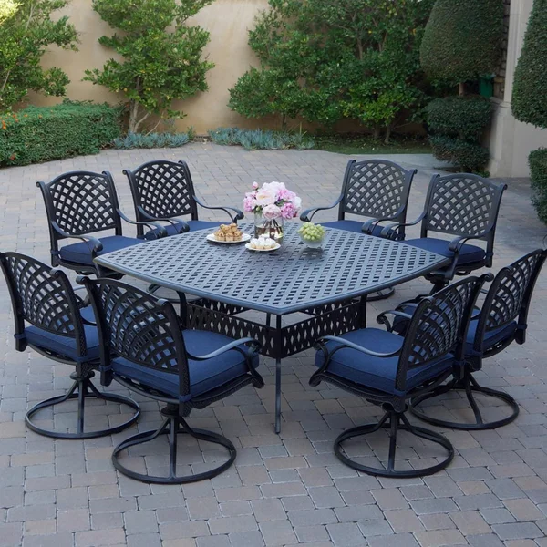 Nassau 9 Pc Cast Aluminum Dining Set in Antique Bronze w/ Navy Cushions By Darlee