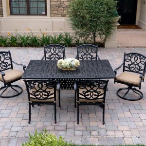 Santa Monica 7 Pc Cast Aluminum Dining Set w/ 72 X 42 Inch Series 30 Table & 2 Swivel Rockers in Antique Bronze/Sesame by Darlee