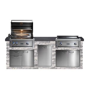 BBQGuys Signature 8ft Luxury Outdoor Kitchen w/ Lynx Professional 30-Inch Propane Grill & 30-Inch Asado - Alaska Gray Stone w/ Black Polished Granite