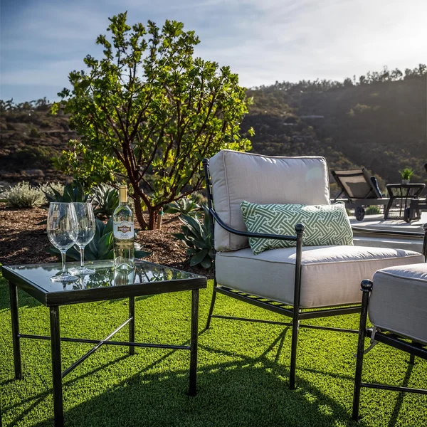 Provence 3 Pc Wrought Iron Club Chair w/ Ottoman & End Tables in Century Pewter/Canvas Flax by Sunset West