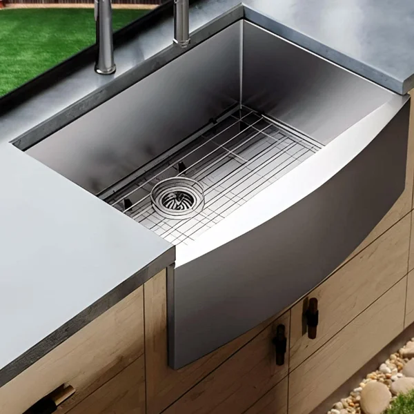 BBQGuys Signature Farmhouse Bowed Apron Stainless Steel 30-Inch Sink W/Grid and Strainer