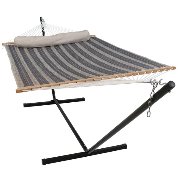 Ultimate Patio Quilted Double Hammock w/ 12-Foot Steel Beam Stand & Pillow - Mountainside