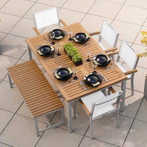 Oxford Garden Travira 6 Piece Flint Aluminum Patio Dining Set W/ Natural Sling Armchairs, 63-Inch Rectangular Natural Tekwood Table & Backless Bench