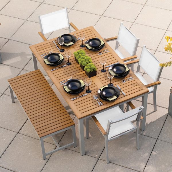 Oxford Garden Travira 6 Piece Flint Aluminum Patio Dining Set W/ Natural Sling Armchairs, 63-Inch Rectangular Natural Tekwood Table & Backless Bench