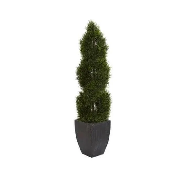 Faux Spiral Cypress Tree in a Round Black Pot